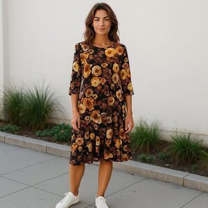 Mimi & Daphne Floral Midi Dress 3/4 Sleeve Fall Spring Brown Yellow Size S Boho